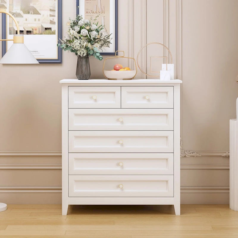 Meuble d'appoint moderne de 109 cm en bois massif avec 6 tiroirs et poignées rondes rétro