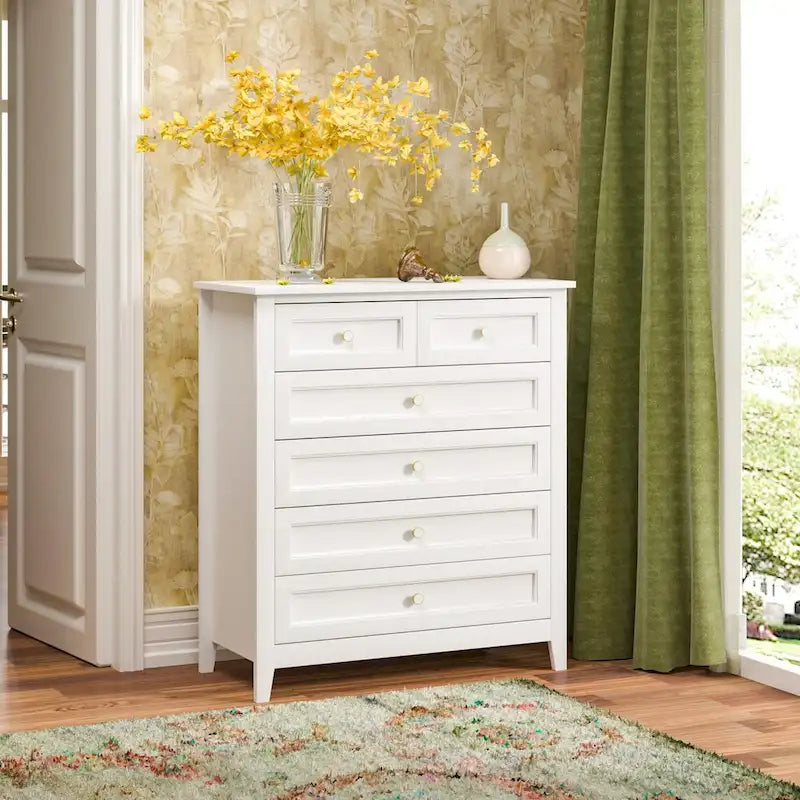 Meuble d'appoint moderne de 109 cm en bois massif avec 6 tiroirs et poignées rondes rétro