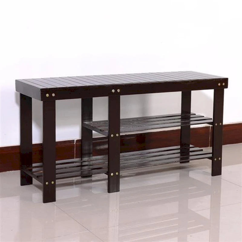 Banc à chaussures en bambou type lattes de 90 cm avec compartiment bottes - Café - 35,43 x 11,02 x 17,72