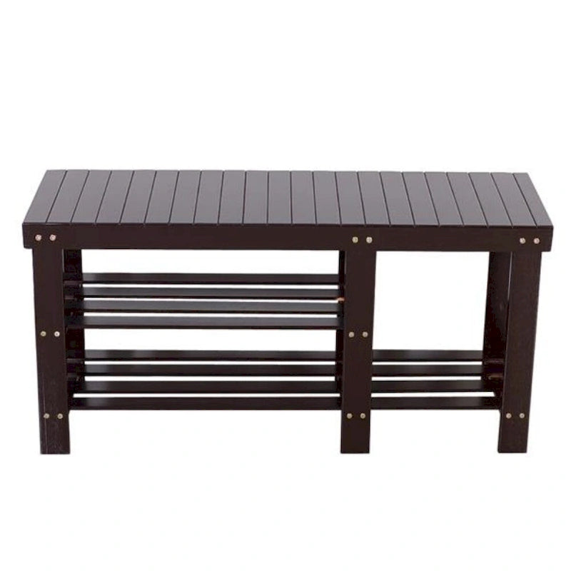 Banc à chaussures en bambou type lattes de 90 cm avec compartiment bottes - Café - 35,43 x 11,02 x 17,72
