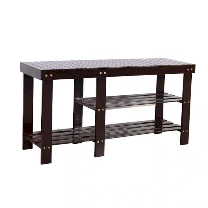 Banc à chaussures en bambou type lattes de 90 cm avec compartiment bottes - Café - 35,43 x 11,02 x 17,72