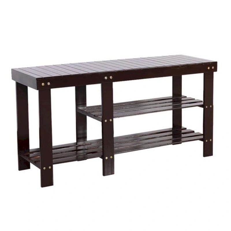 Banc à chaussures en bambou type lattes de 90 cm avec compartiment bottes - Café - 35,43 x 11,02 x 17,72