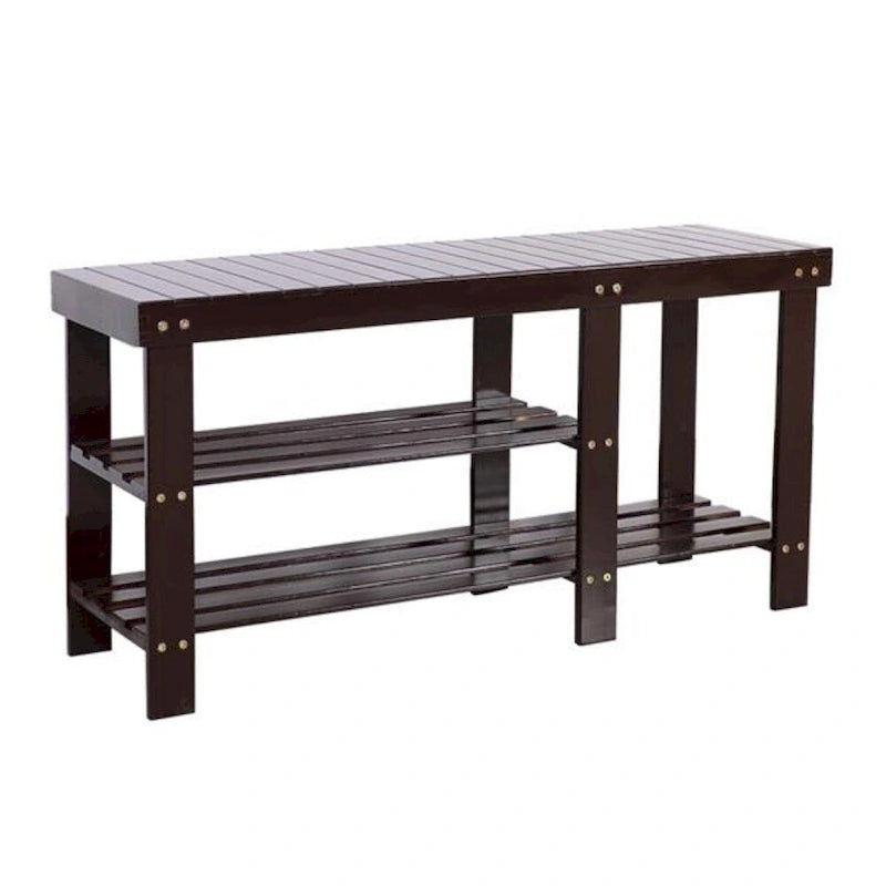 Banc à chaussures en bambou type lattes de 90 cm avec compartiment bottes - Café - 35,43 x 11,02 x 17,72