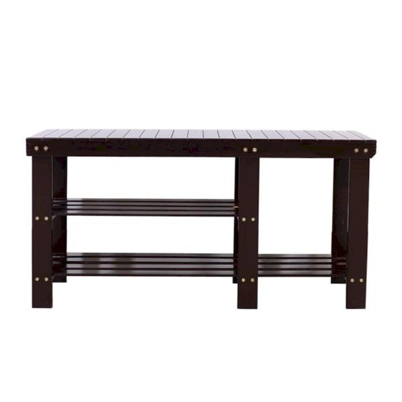 Banc à chaussures en bambou type lattes de 90 cm avec compartiment bottes - Café - 35,43 x 11,02 x 17,72