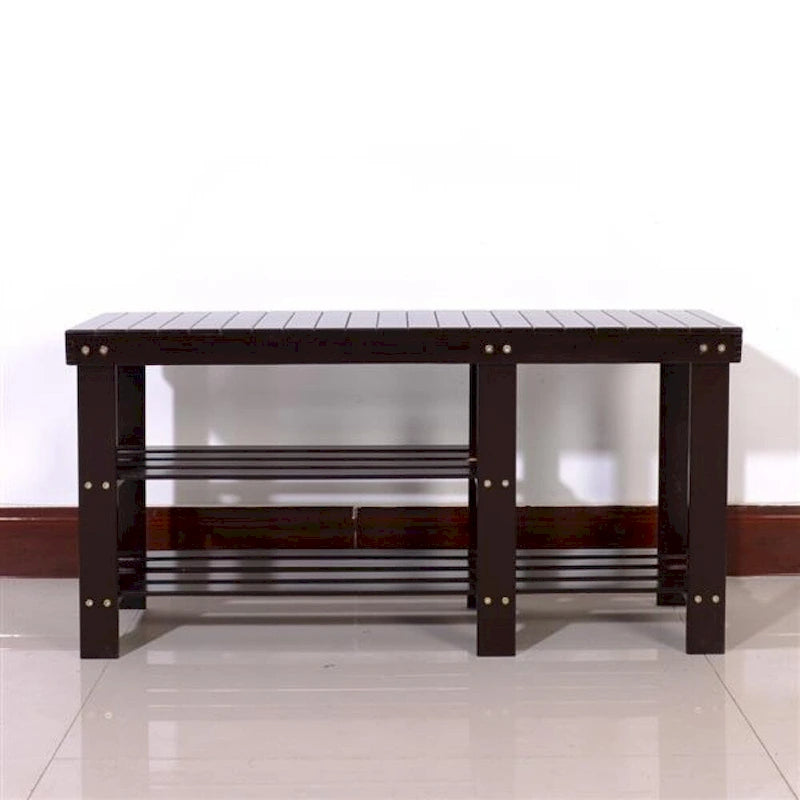 Banc à chaussures en bambou type lattes de 90 cm avec compartiment bottes - Café - 35,43 x 11,02 x 17,72