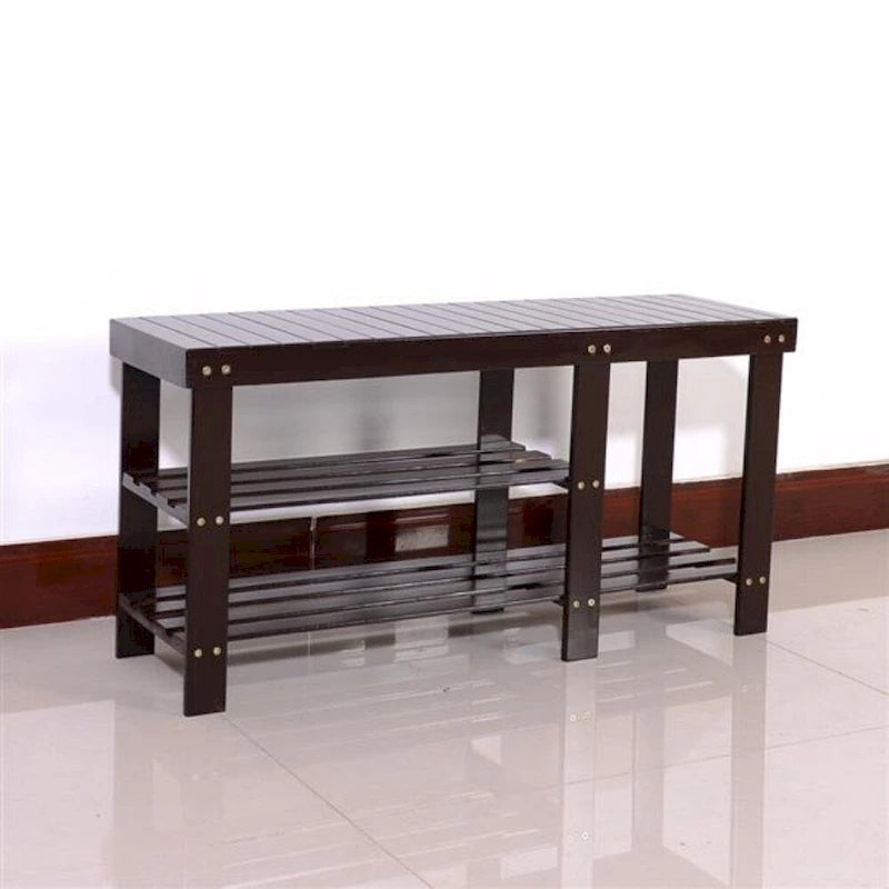 Banc à chaussures en bambou type lattes de 90 cm avec compartiment bottes - Café - 35,43 x 11,02 x 17,72