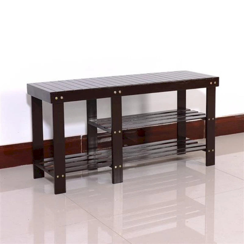 Banc à chaussures en bambou type lattes de 90 cm avec compartiment bottes - Café - 35,43 x 11,02 x 17,72