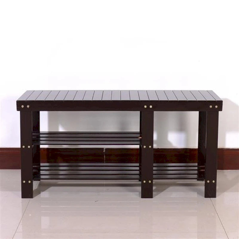 Banc à chaussures en bambou type lattes de 90 cm avec compartiment bottes - Café - 35,43 x 11,02 x 17,72