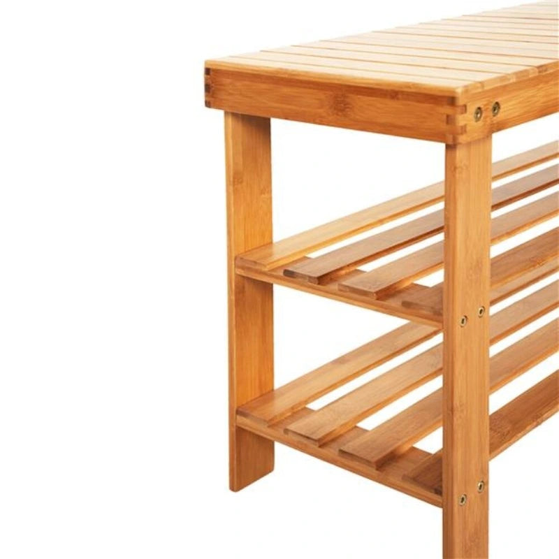 Porte-chaussures banc en bambou 3 niveaux avec motif à rayures 90cm Couleur bois - 35,43 x 11,02 x 17,72