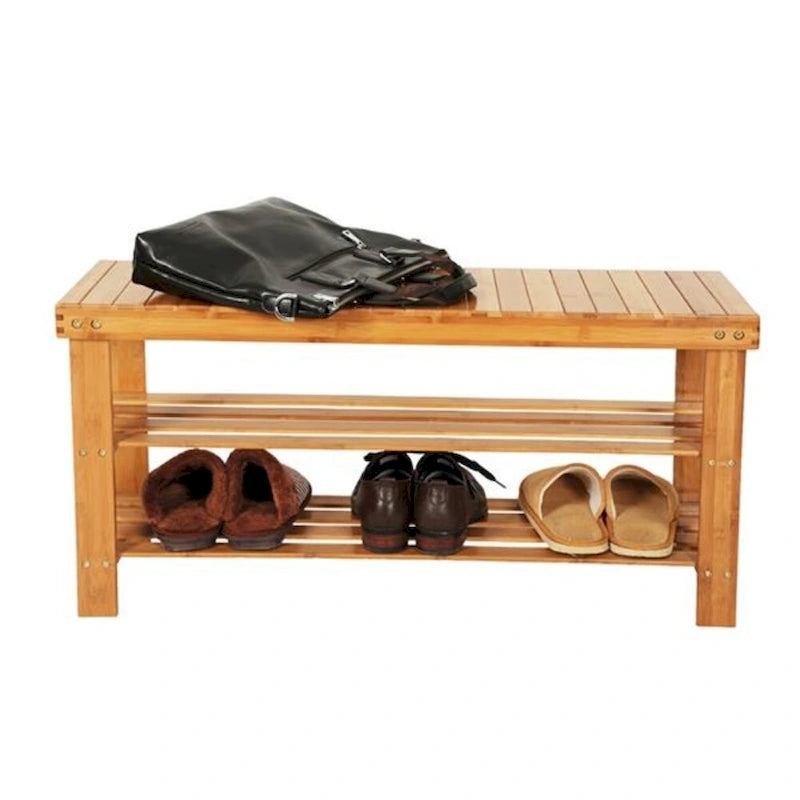 Porte-chaussures banc en bambou 3 niveaux avec motif à rayures 90cm Couleur bois - 35,43 x 11,02 x 17,72