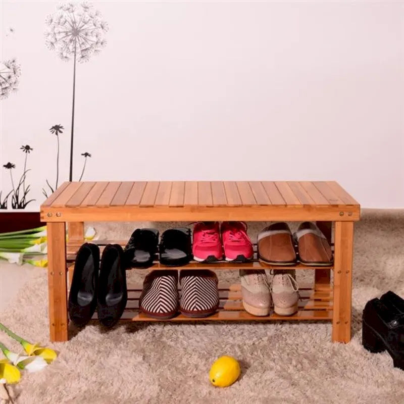 Porte-chaussures banc en bambou 3 niveaux avec motif à rayures 90cm Couleur bois - 35,43 x 11,02 x 17,72