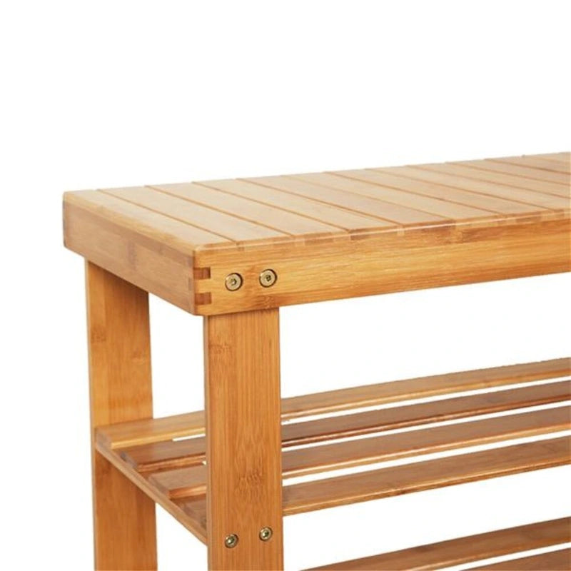 Porte-chaussures banc en bambou 3 niveaux avec motif à rayures 90cm Couleur bois - 35,43 x 11,02 x 17,72