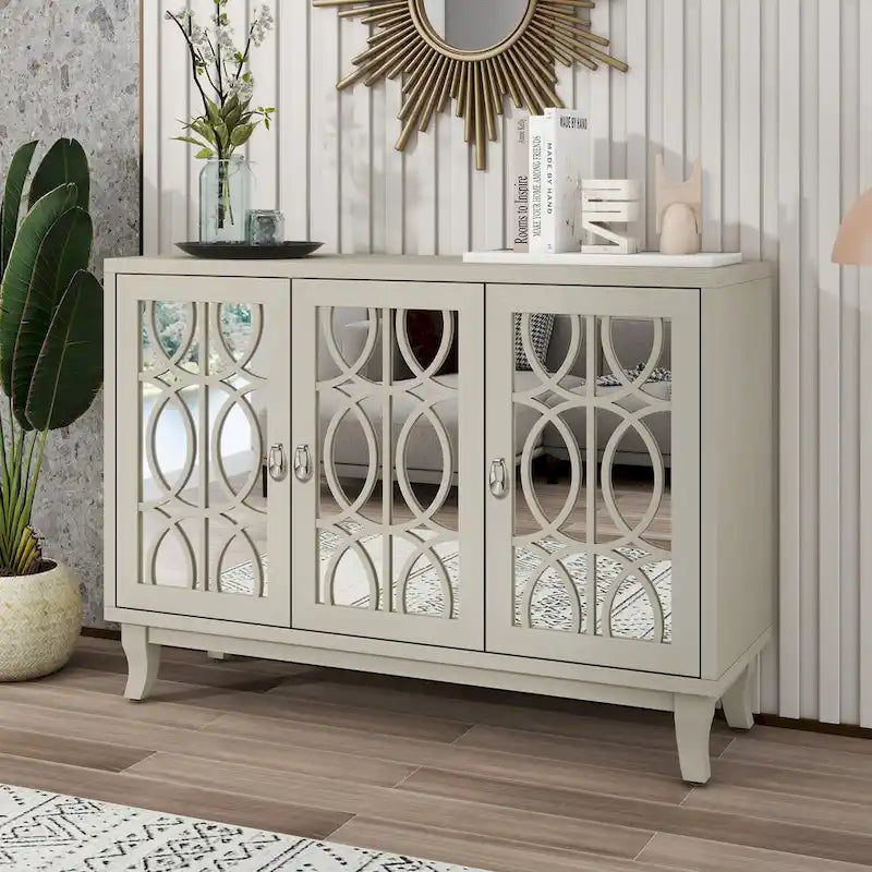 Buffet avec portes en verre, buffet miroir à 3 portes avec poignée argentée - N/A