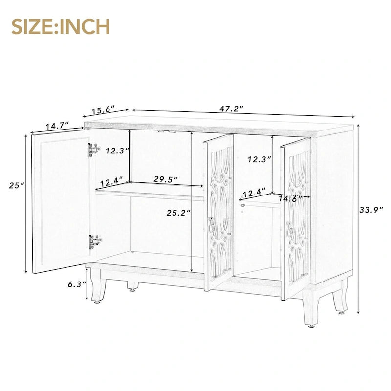 Buffet avec portes en verre, buffet miroir à 3 portes avec poignée argentée - N/A
