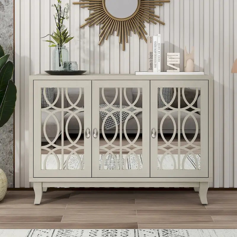 Buffet avec portes en verre, buffet miroir à 3 portes avec poignée argentée - N/A