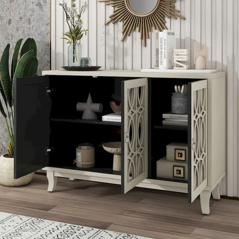 Buffet avec portes en verre, buffet miroir à 3 portes avec poignée argentée - N/A