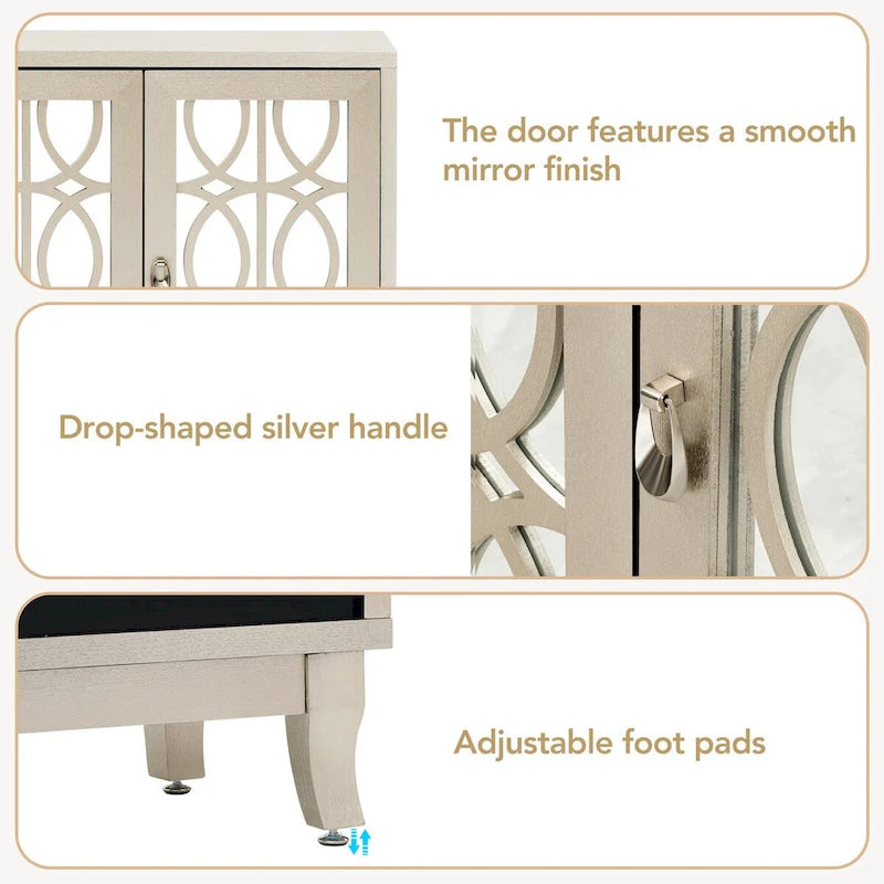 Buffet avec portes en verre, buffet miroir à 3 portes avec poignée argentée - N/A