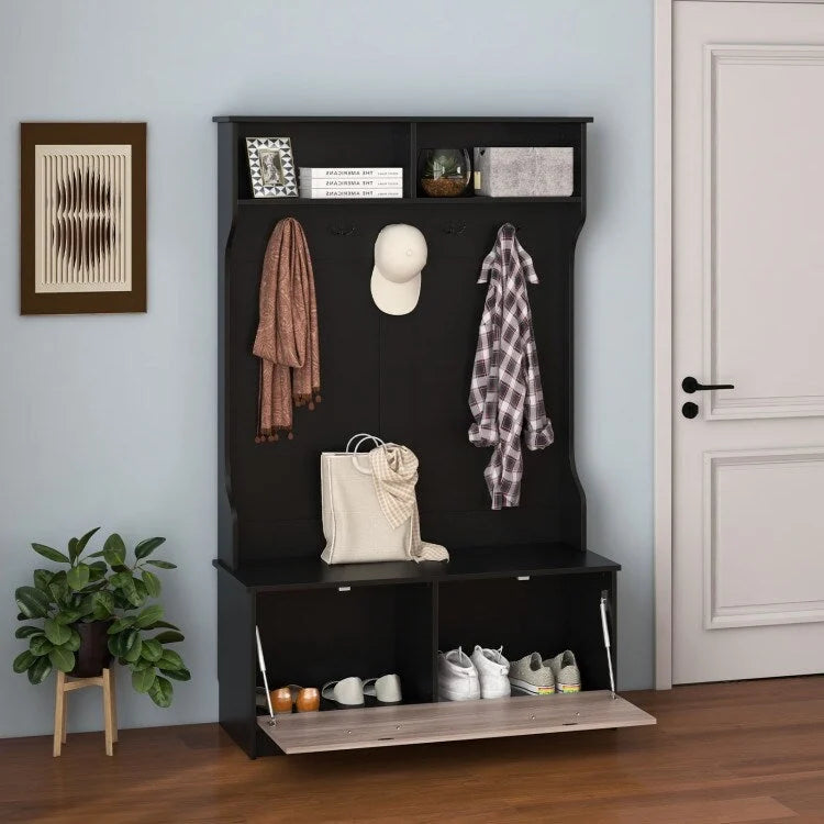 Porte-manteau 3 en 1 avec banc d'entrée, crochets et armoire fermée – 39,5 x 16 x 63
