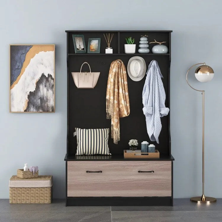 Porte-manteau 3 en 1 avec banc d'entrée, crochets et armoire fermée – 39,5 x 16 x 63