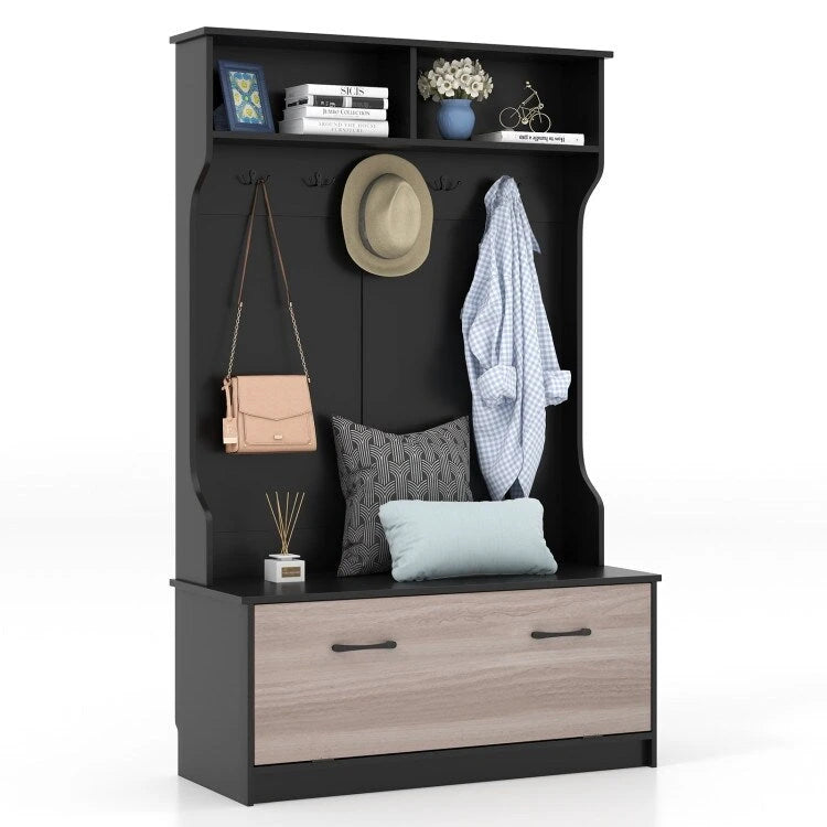Porte-manteau 3 en 1 avec banc d'entrée, crochets et armoire fermée – 39,5 x 16 x 63