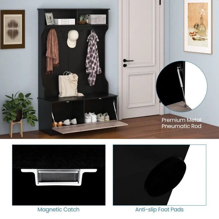 Porte-manteau 3 en 1 avec banc d'entrée, crochets et armoire fermée – 39,5 x 16 x 63
