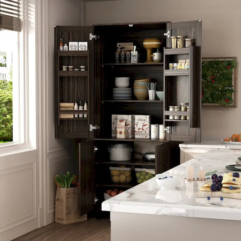 Armoire de rangement en bois foncé Bahut buffet multifonctionnel - 80 L x 200 H x 60 P cm