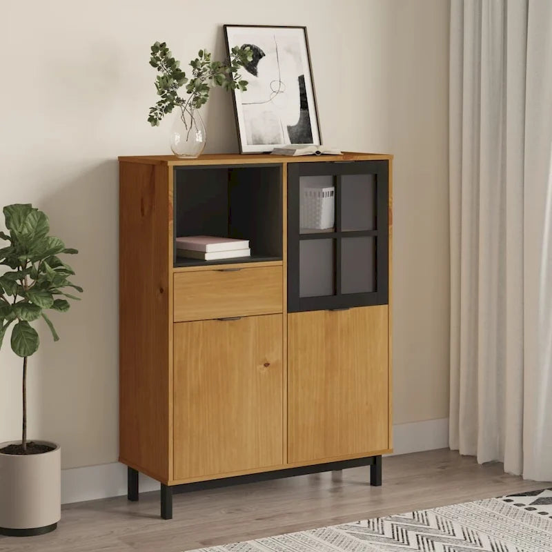 vidaXL Bahut avec porte en verre FLAM 92x40x122 cm Bois de pin massif - 92 x 40 x 122 cm