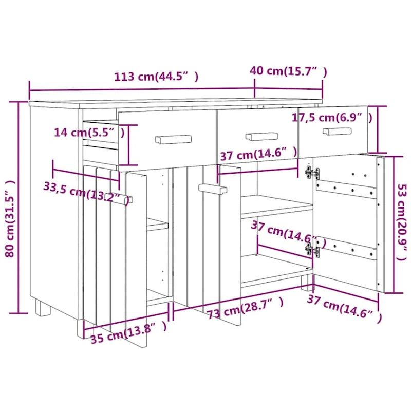 vidaXL Buffet de bar Hamar en pin massif avec tiroirs – 113 x 40 x 80 cm