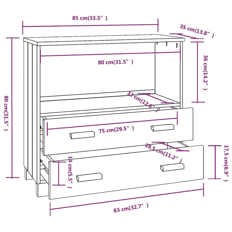 vidaXL Buffet commode meuble console pour chambre à coucher HAMAR, bois de pin massif - 85x35x80 cm