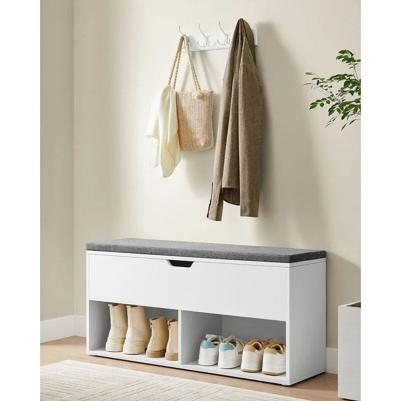 Banc d'entrée de rangement pour chaussures en bois gris avec siège rembourré - 30P x 100L x 48H