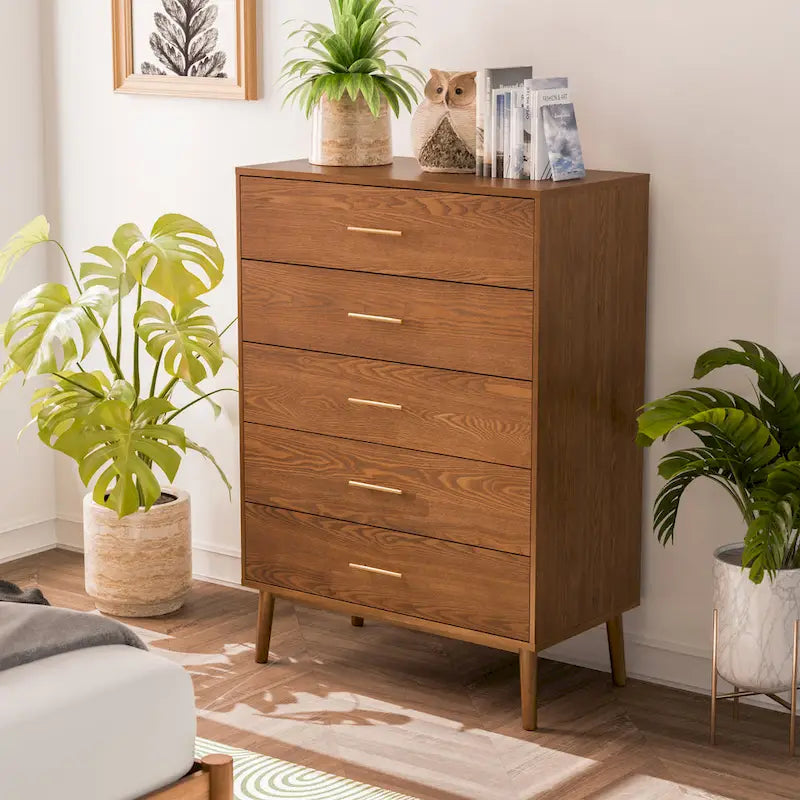  Beau Midcentury Walnut 5-Drawer Chest with Interlocking Drawers