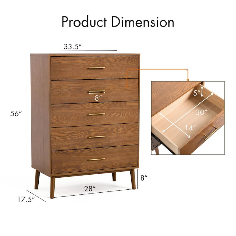 Commode à 5 tiroirs en noyer du milieu du siècle avec tiroirs emboîtables