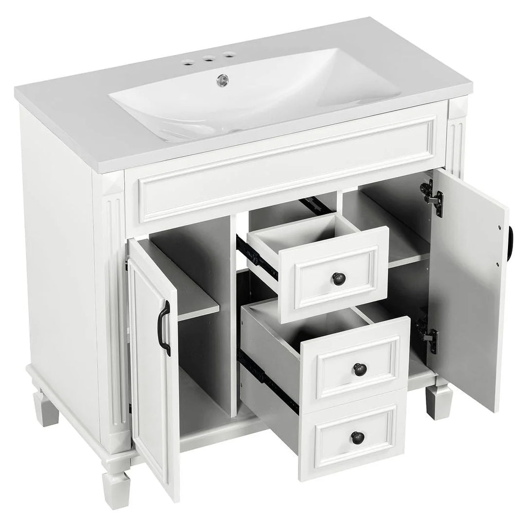 Meuble-lavabo de salle de bain moderne de 91 cm avec lavabo et armoire de toilette, 2 portes et 2 tiroirs