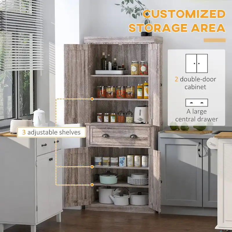 Meuble de rangement de cuisine autoportant de 72 po, armoire de rangement haute avec 2 placards à portes, 2 tiroirs et étagères réglables