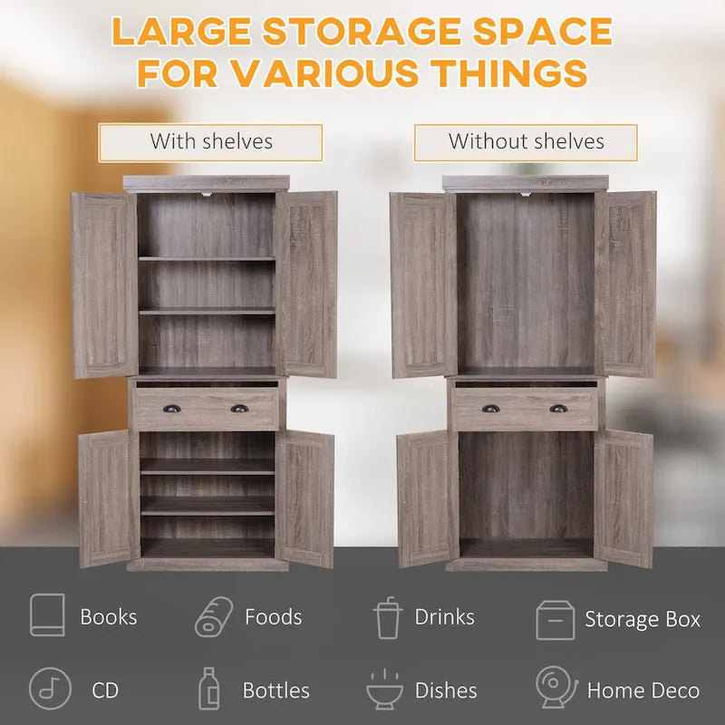Meuble de rangement de cuisine autoportant de 72 po, armoire de rangement haute avec 2 placards à portes, 2 tiroirs et étagères réglables