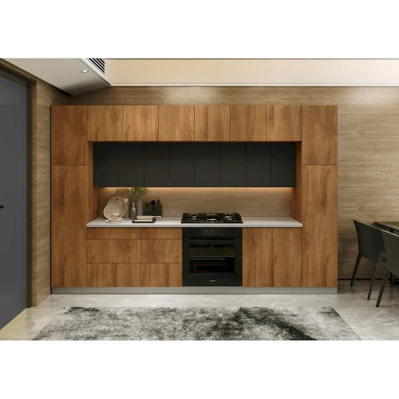 Collection Kitchen Luxe Teck Naturel & Base Couleur Noire Taille 12 Pieds de Large - 143x24