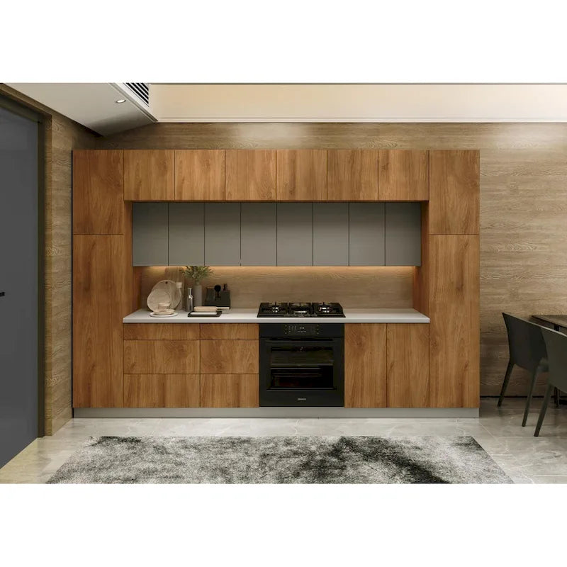 Collection Kitchen Luxe Teck Naturel & Base Couleur Noire Taille 12 Pieds de Large - 143x24