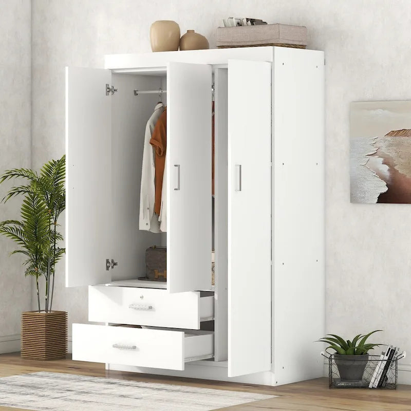 3-Door Wood Wardrobe with Drawers - N/A