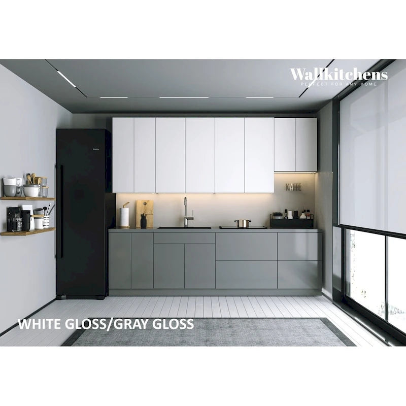 Cuisine Collection contemporaine Gris et blanc Brillant Taille de la base 9,5 pieds de large - 114x24