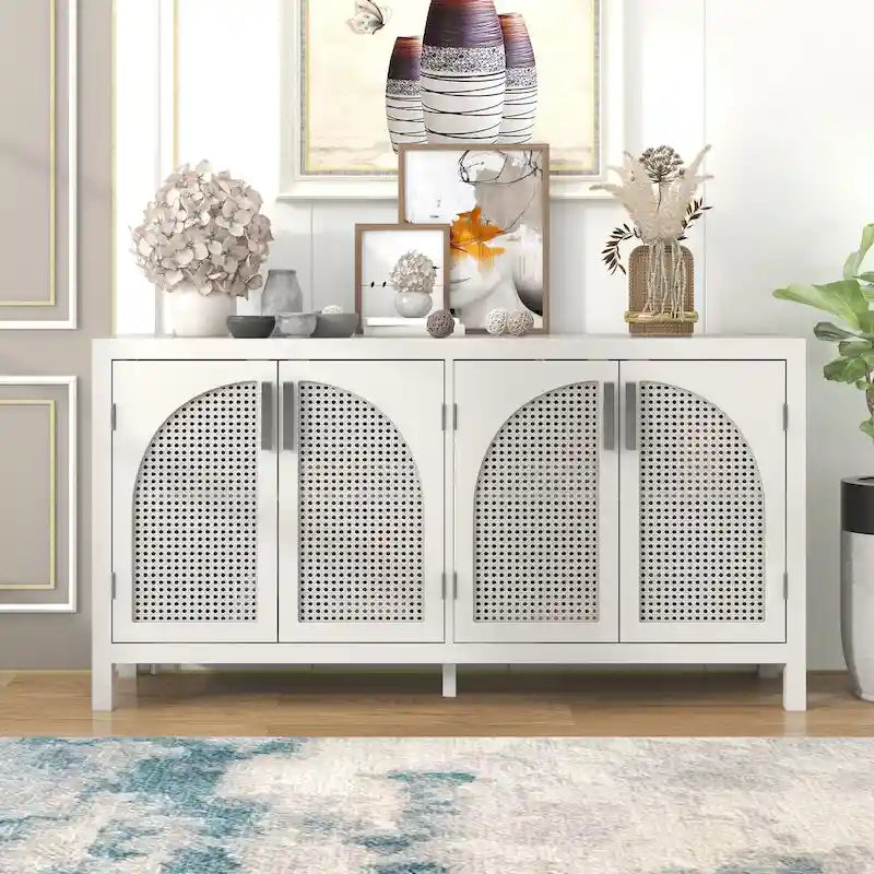 Buffet avec grand espace de rangement et porte en rotin synthétique - N/A