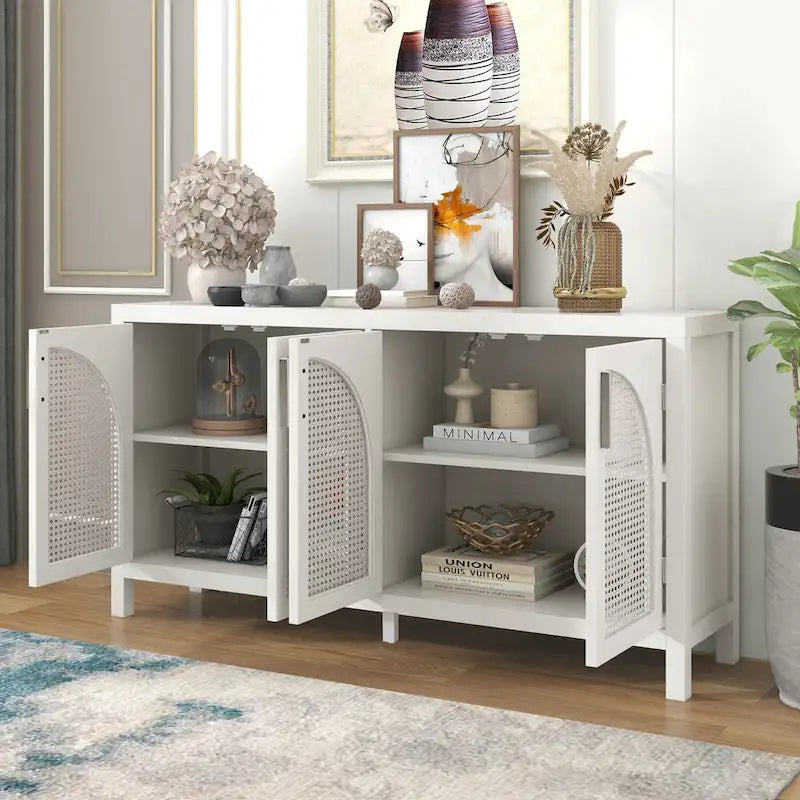 Buffet avec grand espace de rangement et porte en rotin synthétique - N/A