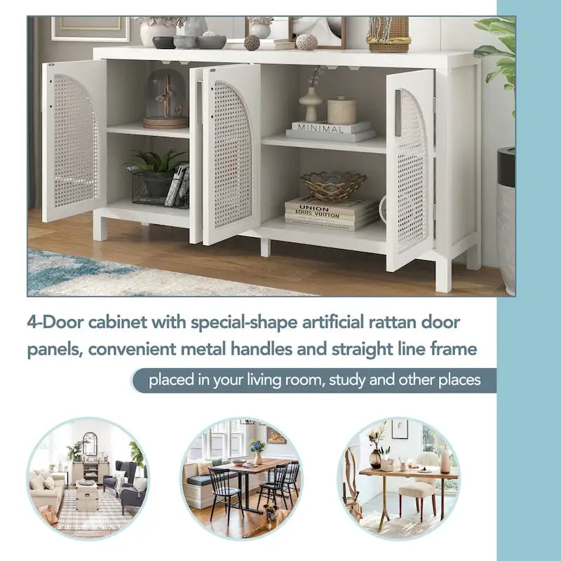 Buffet avec grand espace de rangement et porte en rotin synthétique - N/A