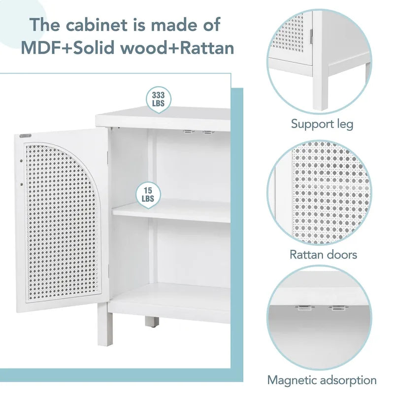 Buffet avec grand espace de rangement et porte en rotin synthétique - N/A