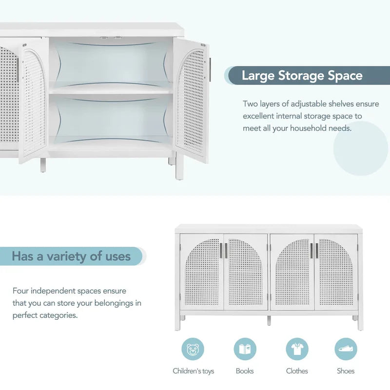 Buffet avec grand espace de rangement et porte en rotin synthétique - N/A