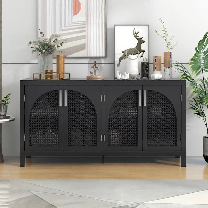 Buffet avec grand espace de rangement et porte en rotin synthétique - N/A