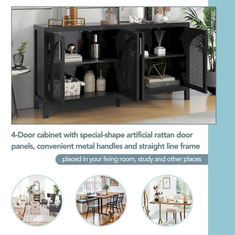 Buffet avec grand espace de rangement et porte en rotin synthétique - N/A