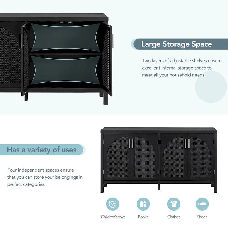 Buffet avec grand espace de rangement et porte en rotin synthétique - N/A
