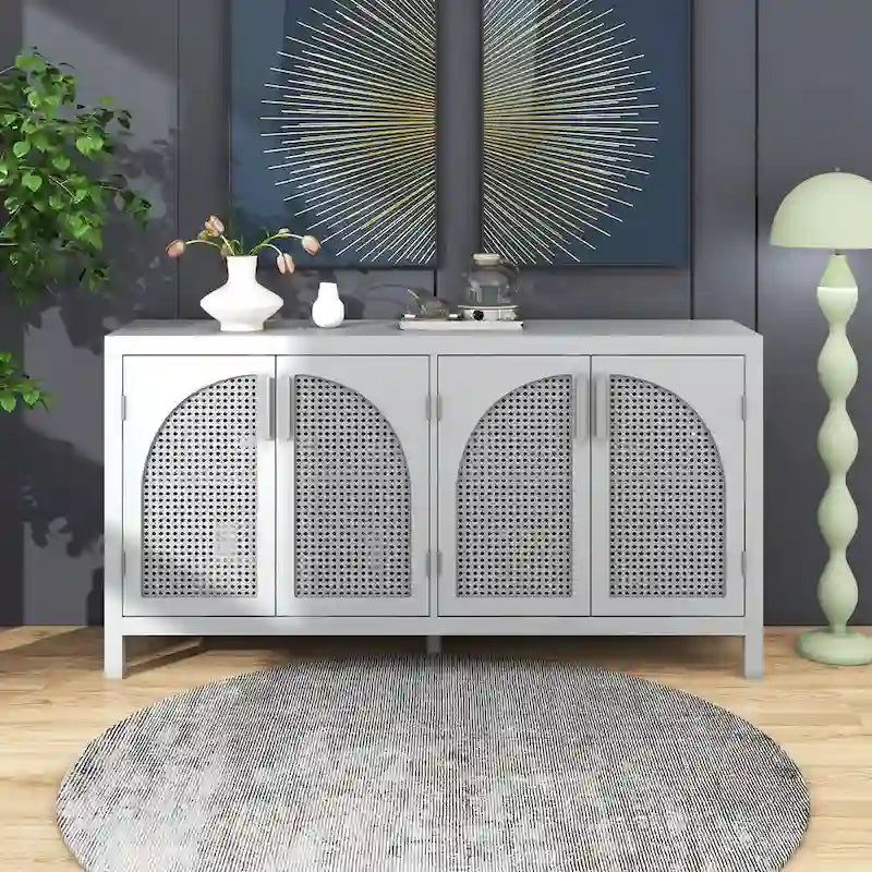 Buffet avec grand espace de rangement et porte en rotin synthétique - N/A