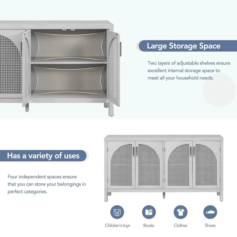 Buffet avec grand espace de rangement et porte en rotin synthétique - N/A