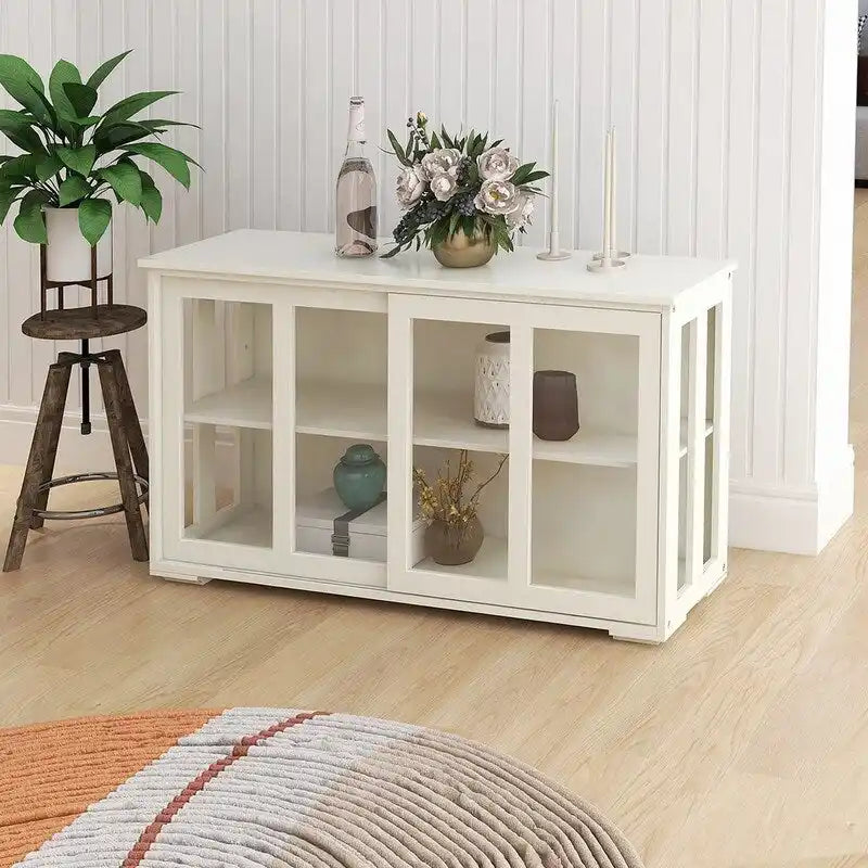 Meuble de cuisine de rangement avec porte en verre - Blanc - N/A